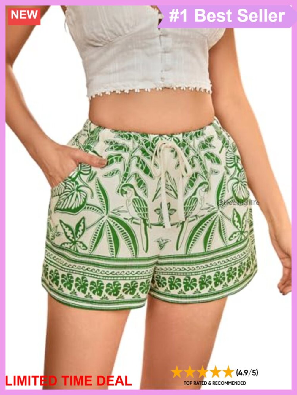 Linen Blend Elastic Waist Knot Front Wide Leg Shorts with Pockets